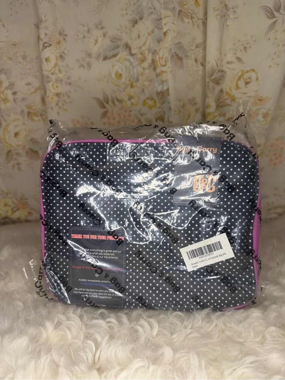 Black Polka Dot Cosmetic Pouch with Pink Trim